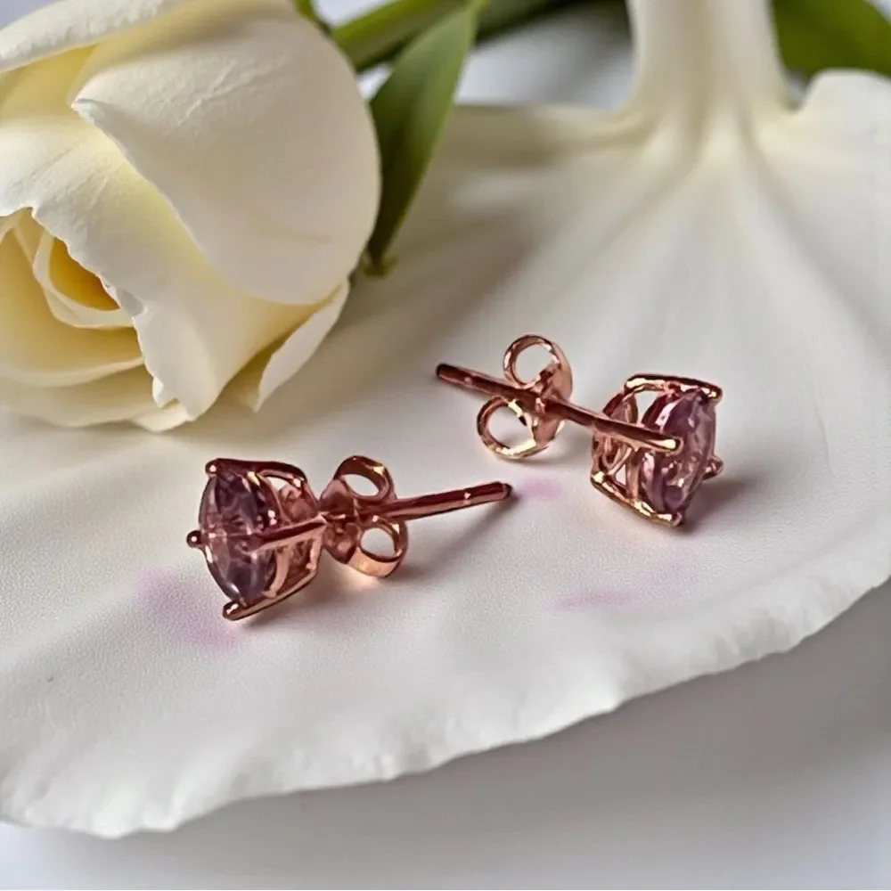 Cute Rose Gold Over Sterling Silver Round Amethyst Stud Earrings